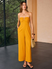 Strapless Ruched Wide-Leg Jumpsuit