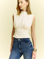 Semi-Sheer Ruched Waist Bow Tie-Back Blouse