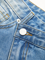 Asymmetric-Waist Distressed Denim Shorts