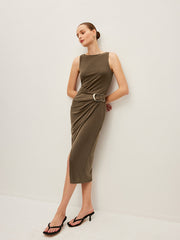 Metal Buckle Detail Shirred Waist Sleeveless Dress