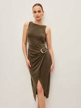 Metal Buckle Detail Shirred Waist Sleeveless Dress