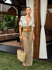 Crochet Stripe Skirt Set With Tassel Tie Waist