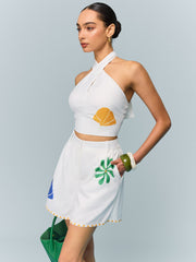 Halter-Neck Crop Top and Printed Shorts Set