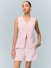 V-Neck Buttoned Vest with Shorts Set