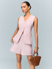 V-Neck Buttoned Vest with Shorts Set
