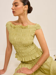 Reversible Pleated Linen Top with Ruffled Neckline