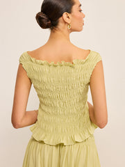 Reversible Pleated Linen Top with Ruffled Neckline