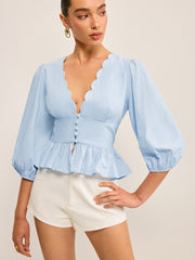Scalloped V-Neck Peplum Top with Puff Sleeves