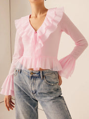 Semi-Sheer Ruffled V-Neck Bell-Sleeve Top