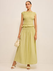 Pleated Linen Smocked Maxi Skirt
