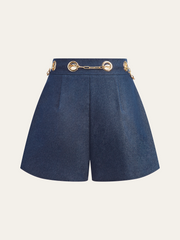 Faux Denim Shorts with Metal Chain Belt