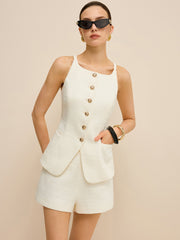 Pocketed Tweed Metal Button Shorts Set