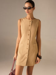 Cotton Blend Buttoned Dress with Pockets and Ties