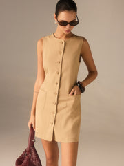 Cotton Blend Buttoned Dress with Pockets and Ties