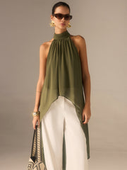 Semi-Sheer Halter-Neck Chiffon Long Top