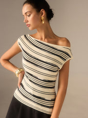 Asymmetric Off-Shoulder Striped Knit Top