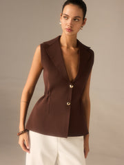 Metal Button Knitted Sleeveless Blazer Vest