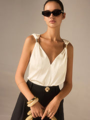 Satin Twist-Strap V-Neck Top with Metal Detail