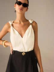 Satin Twist-Strap V-Neck Top with Metal Detail