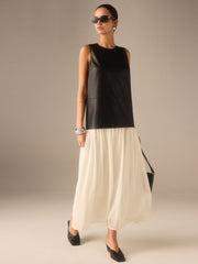Two-Tone Faux Leather Chiffon Pleated Dress