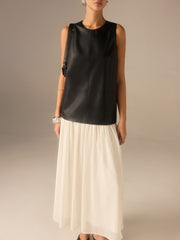 Two-Tone Faux Leather Chiffon Pleated Dress