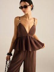 Cotton Peplum Beaded Straps Top and Pants set