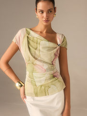 Print Asymmetric Neckline Top