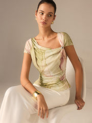 Print Asymmetric Neckline Top