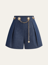 Faux Denim Shorts with Metal Chain Belt