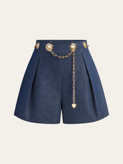 Faux Denim Shorts with Metal Chain Belt