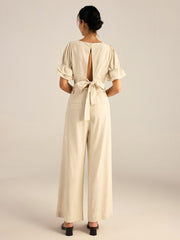 Cotton & Linen Puff-Sleeves Bow-Back Top and Pants Set