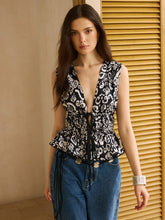 Contrast-Printed Tie-Front Peplum Vest Top