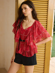 Printed Ruffled Peplum Top with Belt