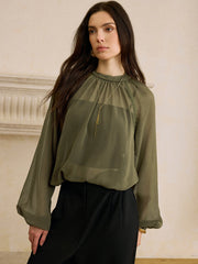 Semi-Sheer Chiffon Lace Trim Blouse