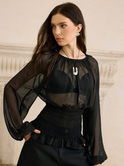 Sheer Chiffon Smocked Waist Blouse