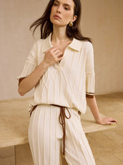 Contrast-Trimmed Polo Neck Top and Drawstring Straight-Leg Pants Set