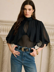 Sheer Chiffon Blouse with Back Bow Detail