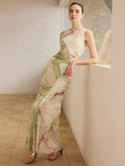 Printed Semi-Sheer Mesh Maxi Dress