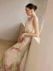 Printed Semi-Sheer Mesh Maxi Dress