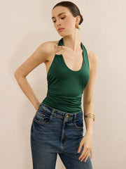 Metal Detailed Halter Neck Backless Top
