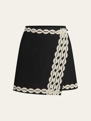 Color-Block Woven-Trim Wrap Mini Skirt