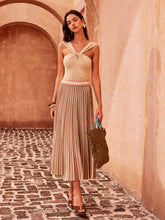 Color-Block Striped Pleated Midi Skirt