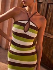 Striped Halter Backless Knit Maxi Dress