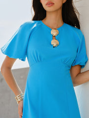 Buttoned Puff-Sleeve Round Neck Mini Dress