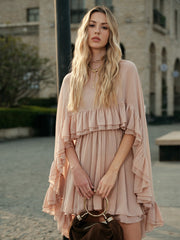 Semi-Sheer Chiffon Ruffle Dress With Outer Cape