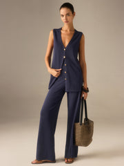 Golden Button Knit Vest Pants Set