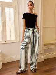Mid-Waisted Striped Belted Pants
