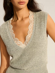 Lace-Trimmed Waist-Cinching Knitted Vest