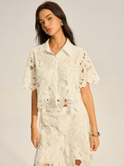 Lace Crochet Cut-Out Top and Wide-Leg Pants Set