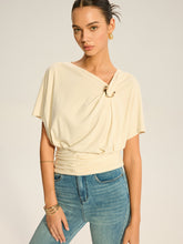 Asymmetrical Ruched Draped Top with Metal Ring Detail